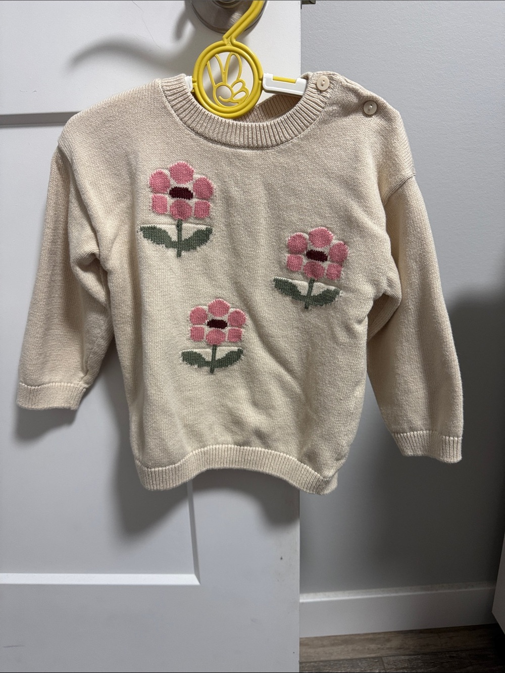 H&M Cream Sweater with Pink Flower Intarsia